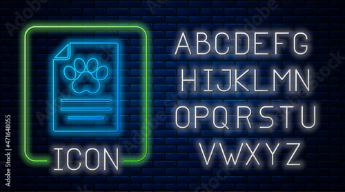 Glowing neon Clipboard with medical clinical record pet icon isolated on brick wall background. Health insurance form. Medical check marks report. Neon light alphabet. Vector