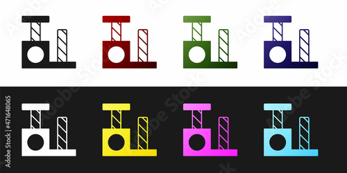 Set Cat scratching post with toy icon isolated on black and white background. Vector