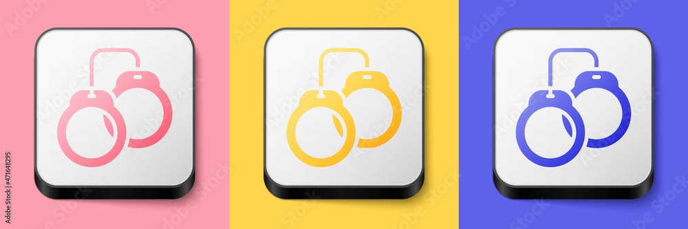 Isometric Handcuffs icon isolated on pink, yellow and blue background. Square button. Vector Isometric Handcuffs icon isolated on pink, yellow and blue background. Square button. Vector