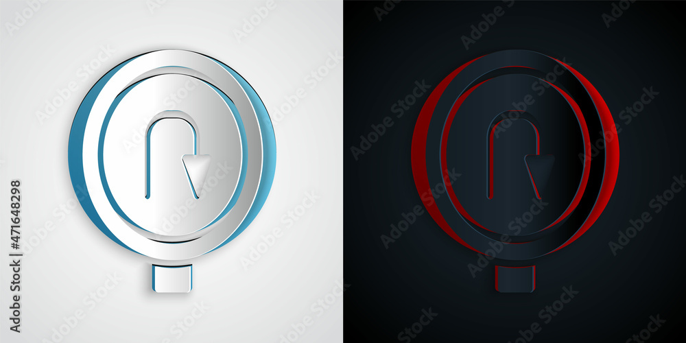 Paper cut Turn back road icon isolated on grey and black background. Traffic rules and safe driving. Paper art style. Vector Paper cut Turn back road icon isolated on grey and black background. Traffic rules and safe driving. Paper art style. Vector