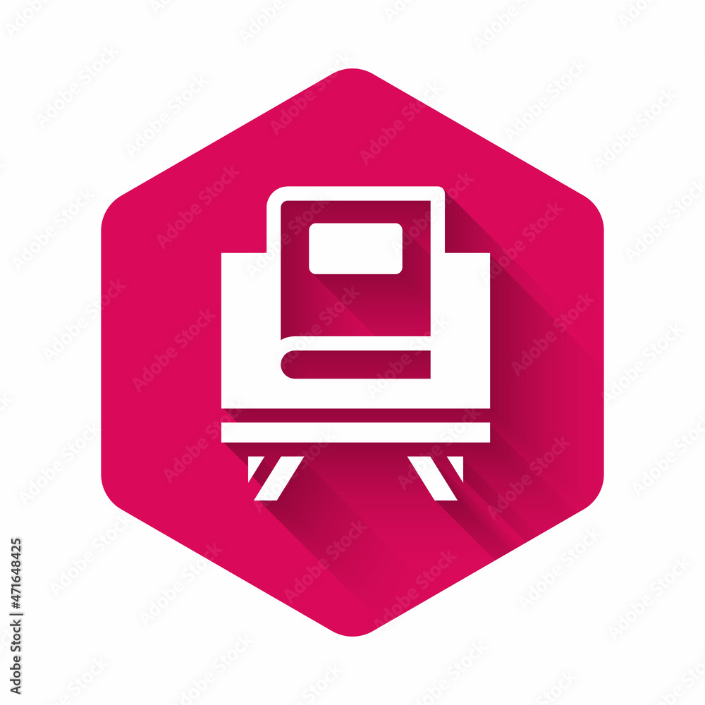 White Holy book of Koran icon isolated with long shadow background. Muslim holiday, Eid Mubarak, Eid al-fitr, Ramadan Kareem. Pink hexagon button. Vector White Holy book of Koran icon isolated with long shadow background. Muslim holiday, Eid Mubarak, Eid al-fitr, Ramadan Kareem. Pink hexagon button. Vector
