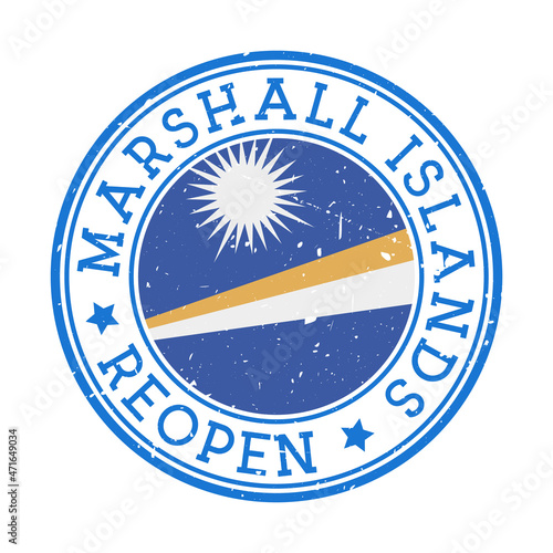 Marshall Islands Reopening Stamp. Round badge of country with flag of Marshall Islands. Reopening after lock-down sign. Vector illustration.