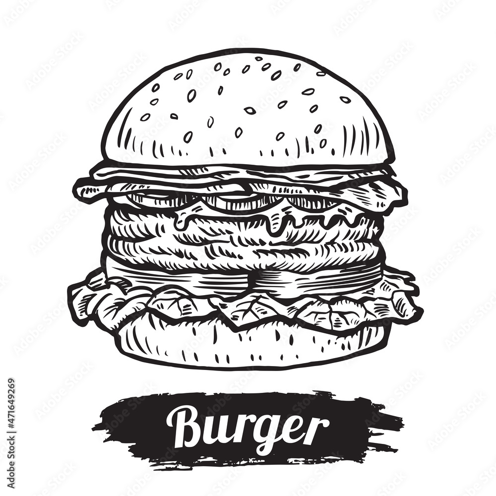 Hand drawn beef buger with tomato and lettuce. Vector Hand drawn beef buger with tomato and lettuce. Vector