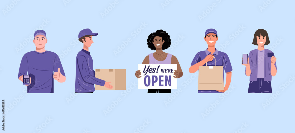 Online shopping concept, Set of delivery services and customers. Online shopping concept, Set of delivery services and customers.