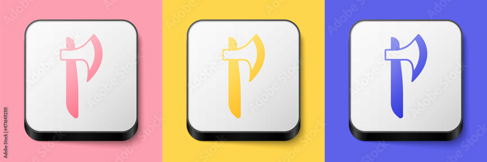 Isometric Wooden axe icon isolated on pink, yellow and blue background. Lumberjack axe. Square button. Vector Isometric Wooden axe icon isolated on pink, yellow and blue background. Lumberjack axe. Square button. Vector