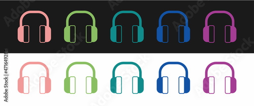 Set Noise canceling headphones icon isolated on black and white background. Headphones for ear protection from noise. Vector