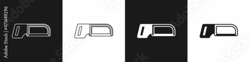 Set Hacksaw icon isolated on black and white background. Metal saw for wood and metal. Vector