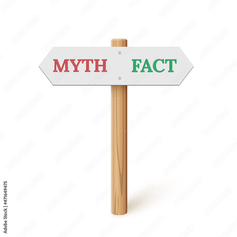 Sign direction with myth and fact arrow, 3d wooden signpost for true or false facts Sign direction with myth and fact arrow, 3d wooden signpost for true or false facts