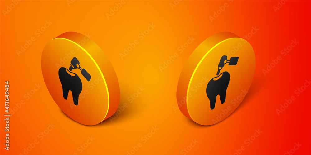 Fototapeta premium Isometric Tooth with caries and tooth drill icon isolated on orange background. Tooth decay. Orange circle button. Vector