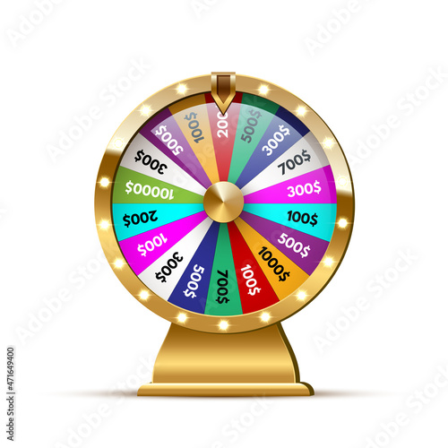 Casino fortune wheel. Golden shiny lucky number wheeling roulette. Gambling industry, entertainment, hobby concept. Vector design template of online poker room, website, mobile app