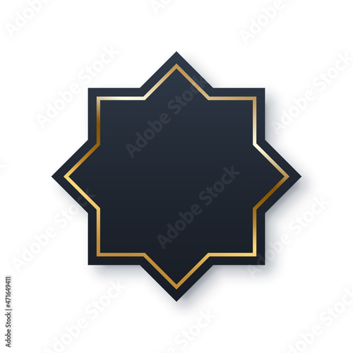 Eight point black star with gold frame on borders, islamic symbol of octagonal shape