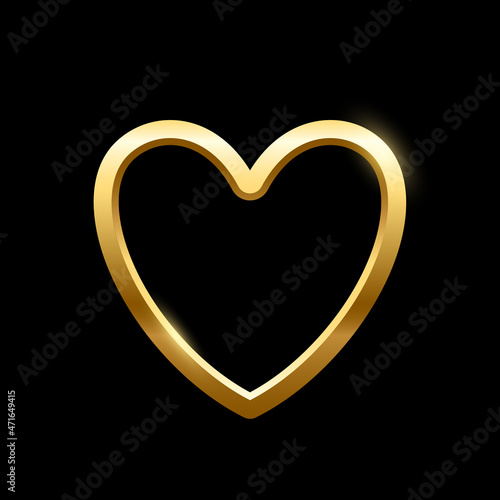 Gold heart frame on black background. Blank space for picture, painting, card or photo. 3d realistic modern template vector illustration. Simple golden object mockup