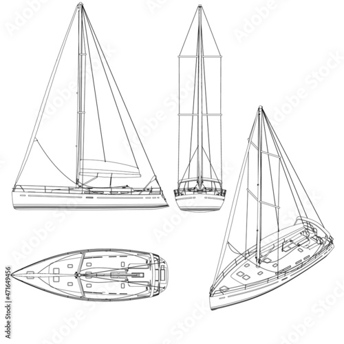 Set with the contours of a small yacht with a sail of black lines isolated on a white background. Front view, isometric, side, top. Vector illustration
