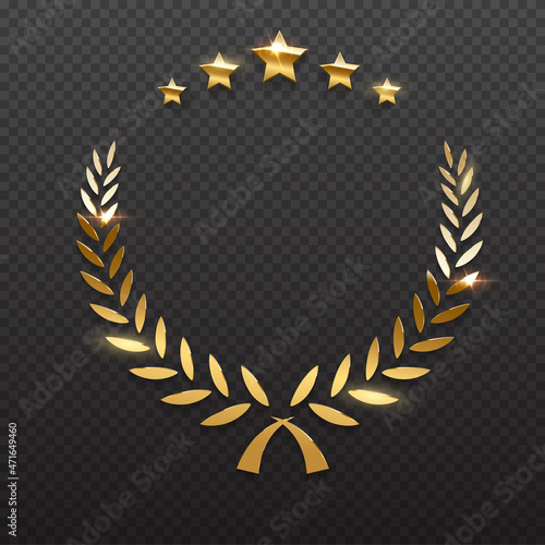 Gold shiny circle laurel wreath with stars vector illustration. Golden shining round badge prize for winner, award trophy nominee luxury symbol, nomination reward emblem on transparent background