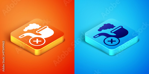 Isometric Smoking pipe with smoke icon isolated on orange and blue background. Tobacco pipe. Vector