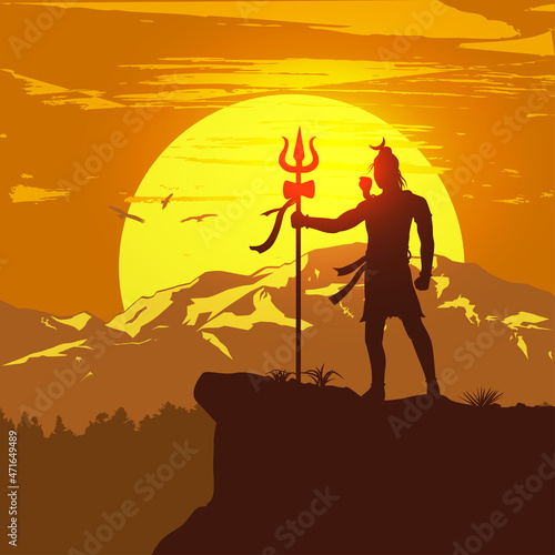 Silhouette of Indian lord shiva standing on a hill. Vector