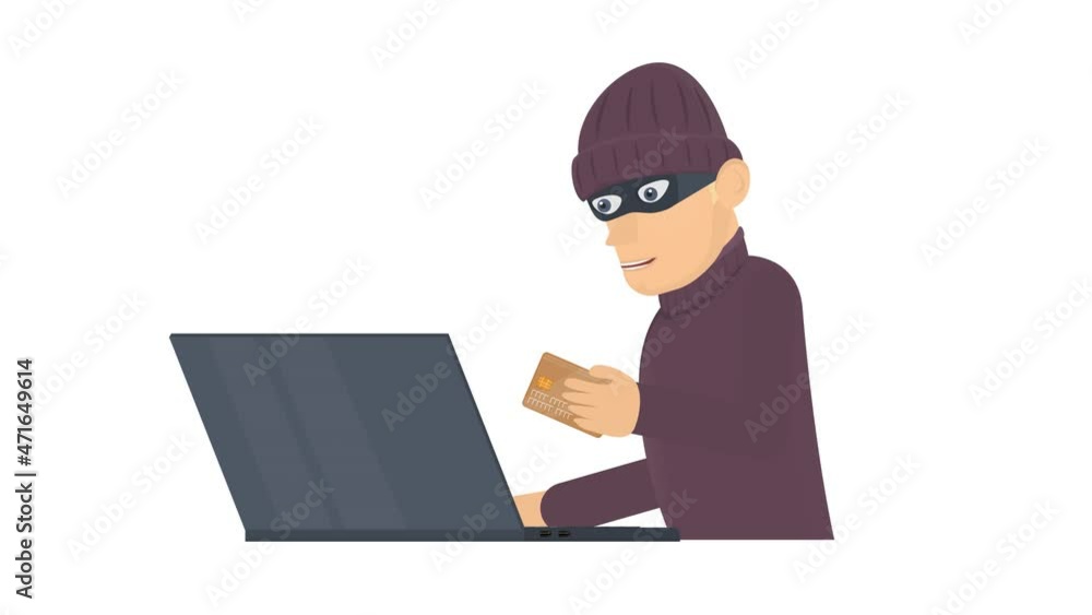 Internet fraudster. A thief at a computer steals money from a bank card, alpha channel. Cartoon Internet fraudster. A thief at a computer steals money from a bank card, alpha channel. Cartoon
