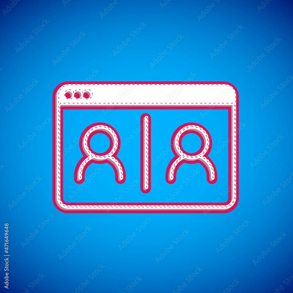 White Video chat conference icon isolated on blue background. Online meeting work form home. Remote project management. Vector