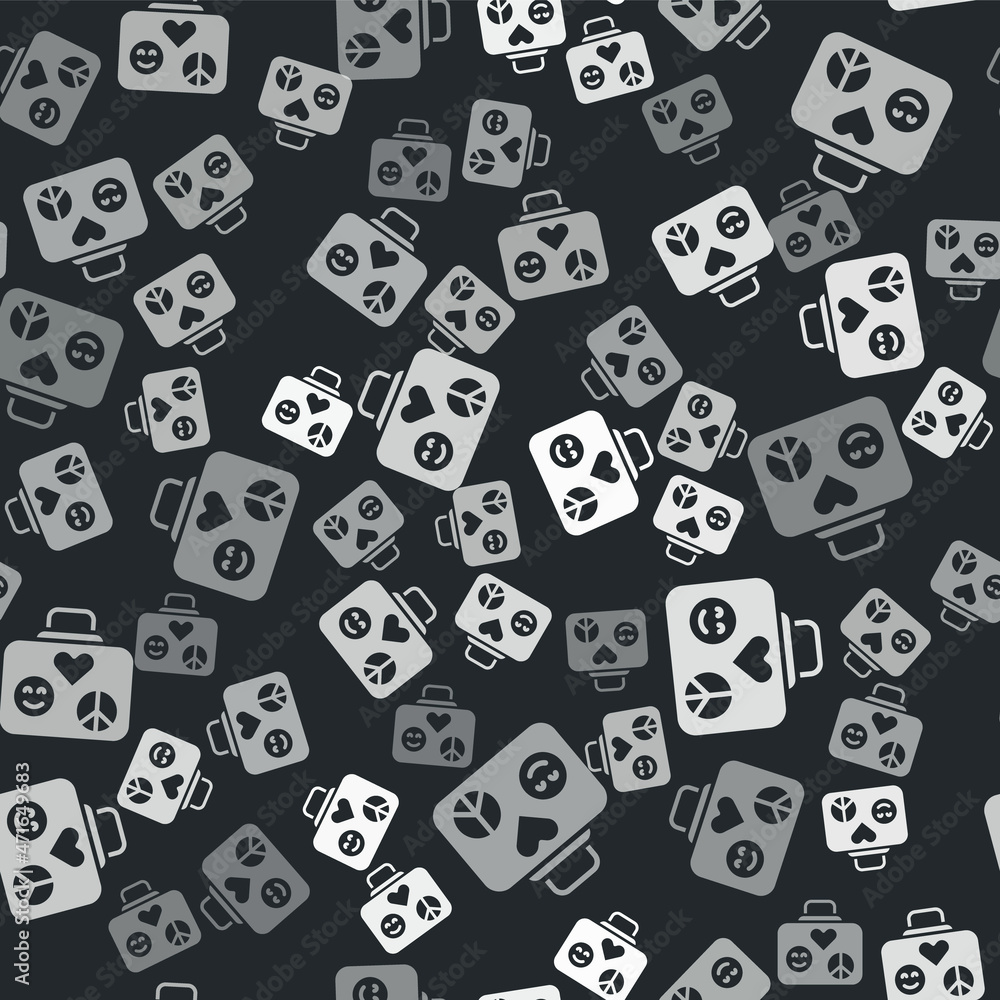 Grey Suitcase for travel icon isolated seamless pattern on black background. Traveling baggage sign. Retro hippie style. Travel luggage icon. Vector Grey Suitcase for travel icon isolated seamless pattern on black background. Traveling baggage sign. Retro hippie style. Travel luggage icon. Vector