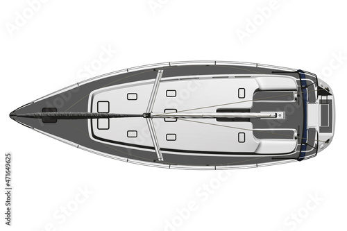 White yacht model with blue sail isolated on white background. View from above. 3D. Vector illustration