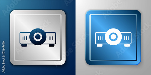 White Presentation, movie, film, media projector icon isolated on blue and grey background. Silver and blue square button. Vector