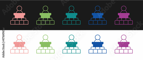 Set Speaker icon isolated on black and white background. Orator speaking from tribune. Public speech. Person on podium. Vector