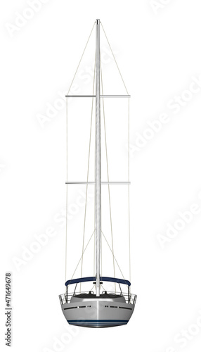 White yacht model with blue sail isolated on white background. Front view. 3D. Vector illustration