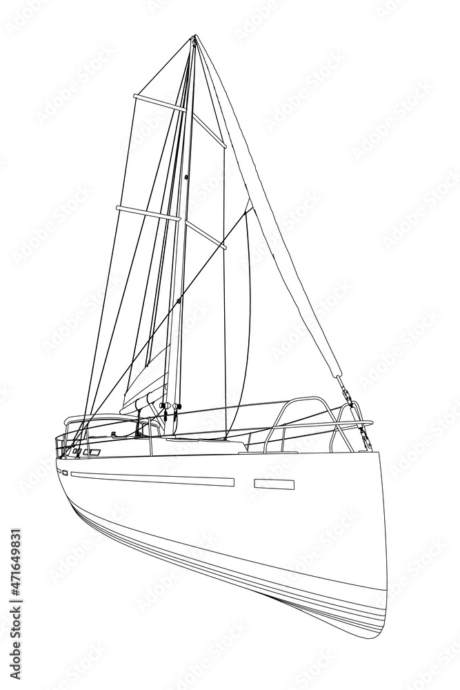 Outline of a yacht with a sail of black lines isolated on a white background. Perspective view. 3D. Vector illustration