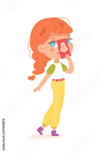 Girl learning sight sensory sense, holding card with human nose in hand, studying scent sense
