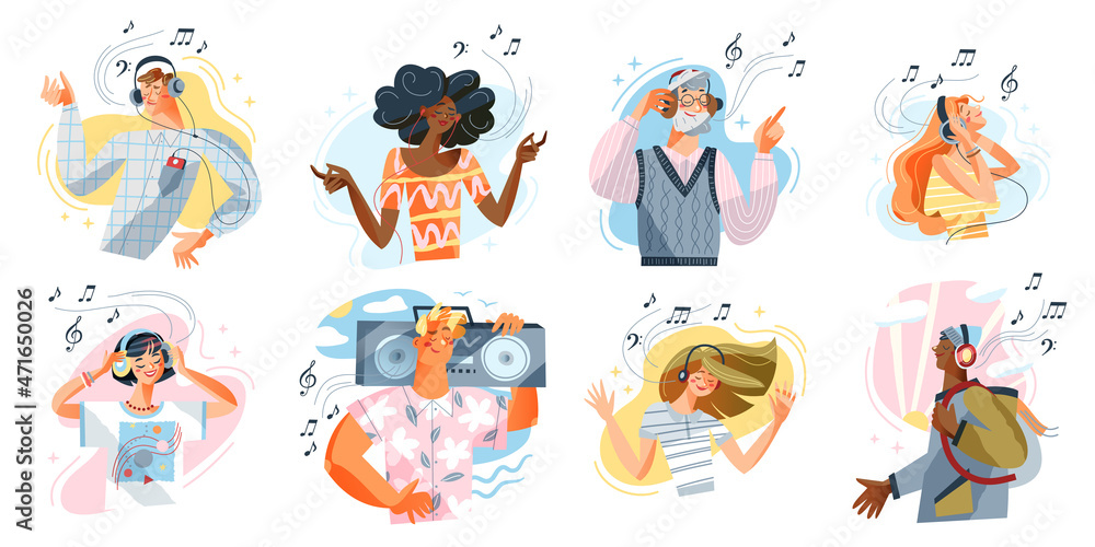 Φωτογραφία People listen music set, happy young and old man woman listening song, wearing h