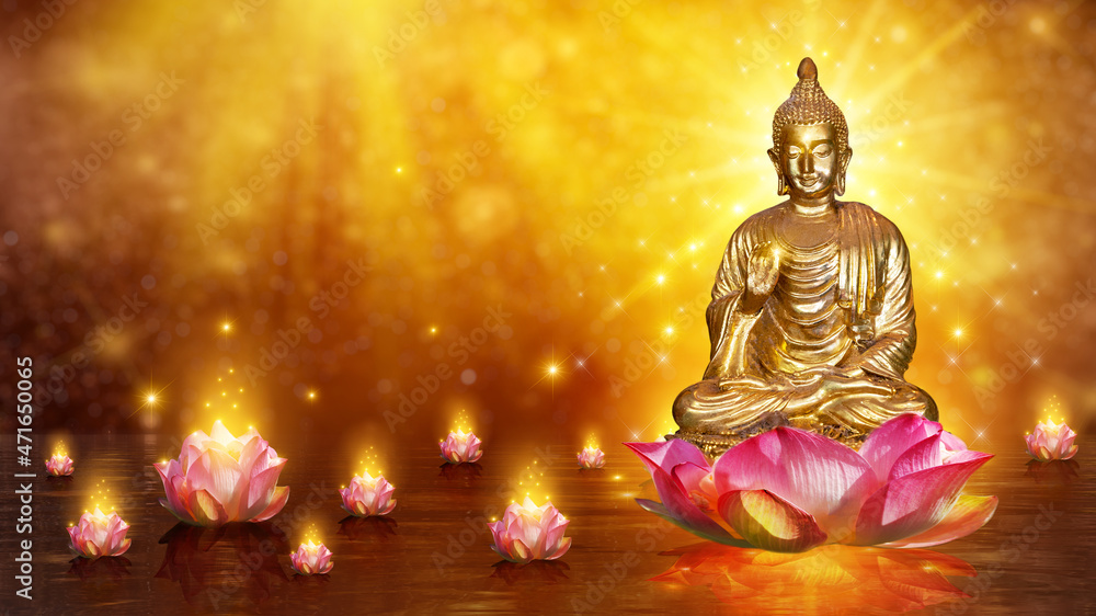 Buddha statue water lotus Buddha standing on lotus flower on orange background