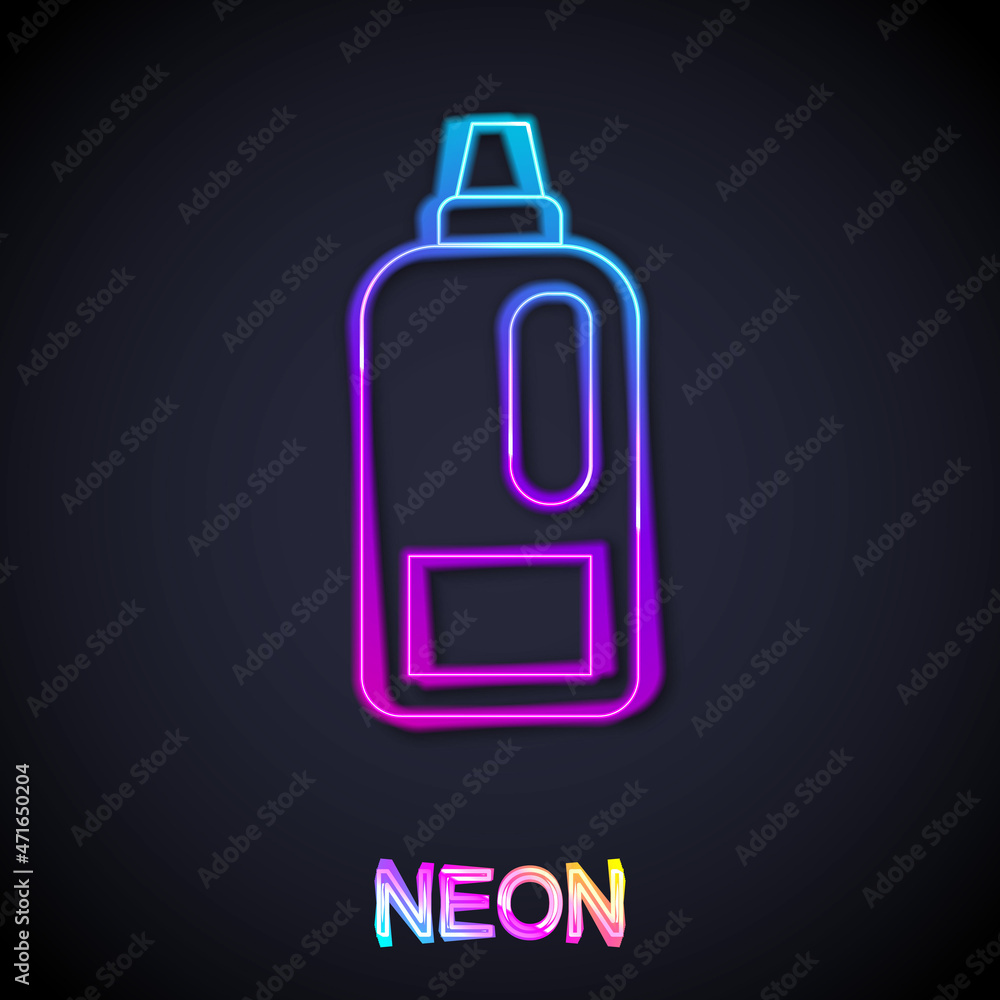 Glowing neon line Plastic bottle for laundry detergent, bleach, dishwashing liquid or another cleaning agent icon isolated on black background. Vector Glowing neon line Plastic bottle for laundry detergent, bleach, dishwashing liquid or another cleaning agent icon isolated on black background. Vector