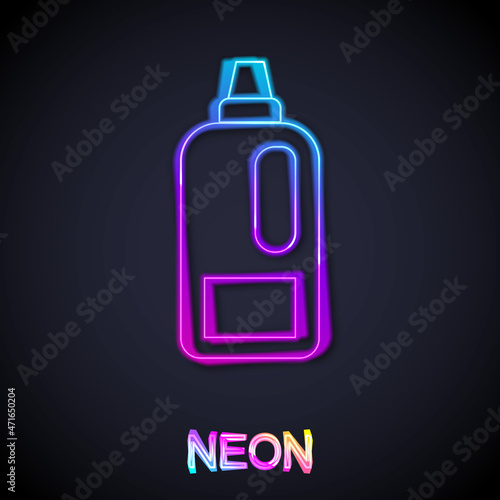 Glowing neon line Plastic bottle for laundry detergent, bleach, dishwashing liquid or another cleaning agent icon isolated on black background. Vector