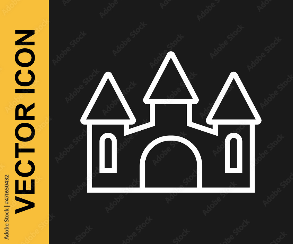 White line Castle icon isolated on black background. Medieval fortress with a tower. Protection from enemies. Reliability and defense of the city. Vector