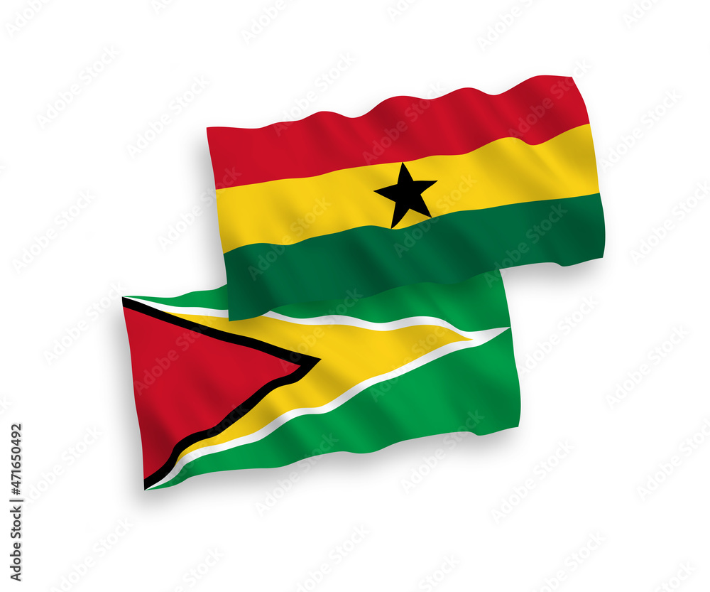 Obraz premium National vector fabric wave flags of Co-operative Republic of Guyana and Ghana isolated on white background. 1 to 2 proportion.