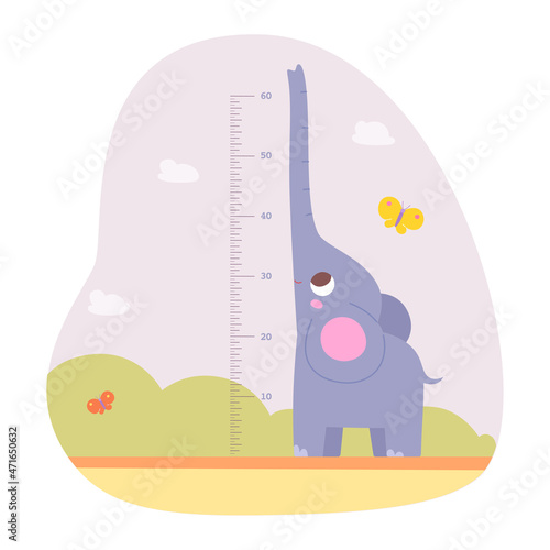 Height measuring scale for kids with cute elephant vector illustration. Cartoon tall animal and baby growth meter with scale in inches, sticker with ruler and funny character isolated on white