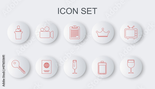 Set line Wine glass, Key, Clipboard with document, Battery, Speaker, Movie or Video camera, Passport and Glass of champagne icon. Vector