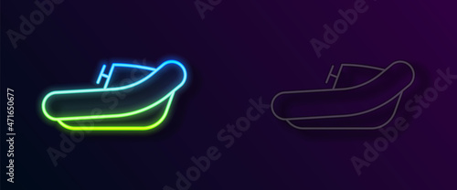 Glowing neon line Inflatable boat with outboard motor icon isolated on black background. Vector