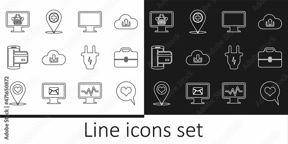 Set line Heart in speech bubble, Toolbox, Computer monitor screen, Cloud download, NFC Payment, Monitor with shopping basket, Electric plug and Medical location cross icon. Vector