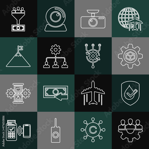 Set line Project team base, Waterproof, Product development, Car DVR, Lead management, Mountains and flag, and Algorithm icon. Vector
