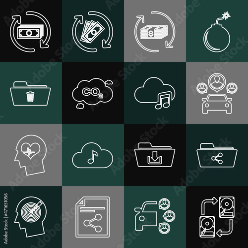 Set line Data exchange with hhd, Share folder, Car sharing, Refund money, CO2 emissions cloud, Delete, and Music streaming service icon. Vector