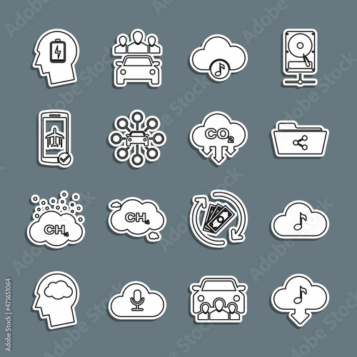 Set line Cloud download music, Music streaming service, Share folder, Car sharing, Flight mode the mobile, Head with low battery and CO2 emissions cloud icon. Vector
