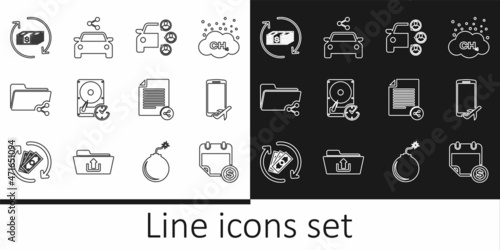 Set line Financial calendar, Flight mode the mobile, Car sharing, Hard disk drive with clockwise, Share folder, Refund money, file and icon. Vector