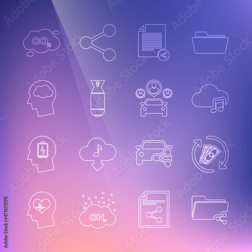 Set line Share folder, Refund money, Music streaming service, file, Aviation bomb, Head silhouette with cloud, CO2 emissions and Car sharing icon. Vector