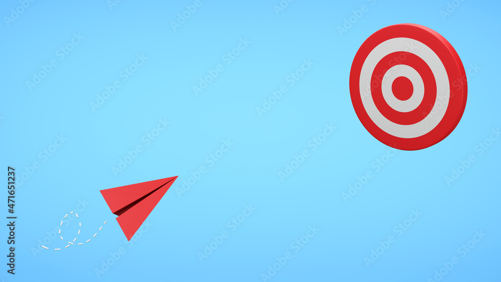 Red paper plane and target with copy space on blue background. Business strategy concept. 3D render illustration. Clipping path of each element included for freely arranged. Red paper plane and target with copy space on blue background. Business strategy concept. 3D render illustration. Clipping path of each element included for freely arranged.