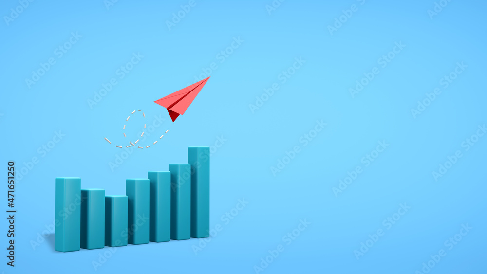 Red paper plane and bar graph with copy space on blue background. Business strategy concept. 3D render illustration. Clipping path of each element included for freely arranged. Red paper plane and bar graph with copy space on blue background. Business strategy concept. 3D render illustration. Clipping path of each element included for freely arranged.