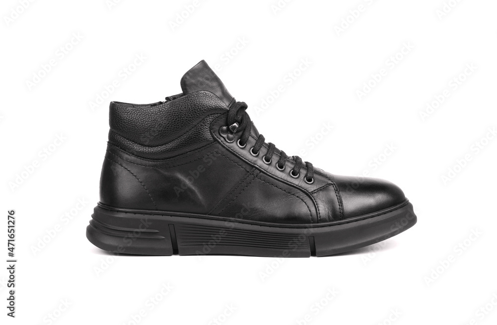 Black leather autumn sneakers for men isolated on white Black leather autumn sneakers for men isolated on white