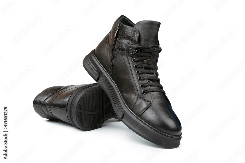 Black leather autumn sneakers for men isolated on white