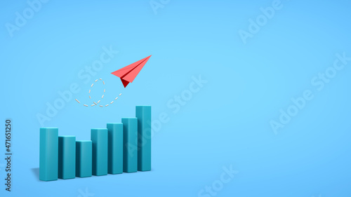 Red paper plane and bar graph with copy space on blue background. Business strategy concept. 3D render illustration. Clipping path of each element included for freely arranged.