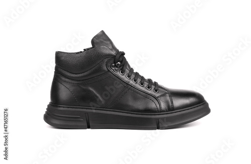Black leather autumn sneakers for men isolated on white